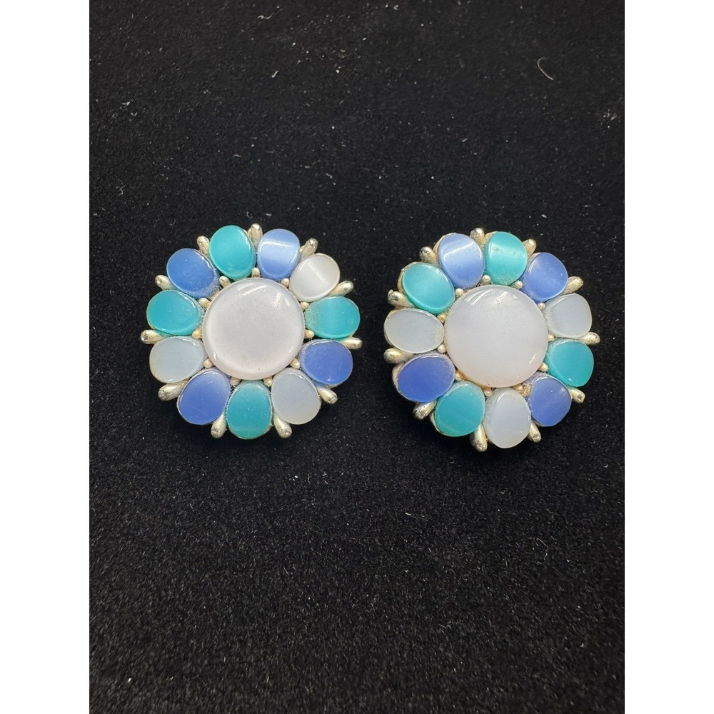 Vintage Clip On Earrings Blue Turquoise Silver Thermoplastic Floral Mid Century